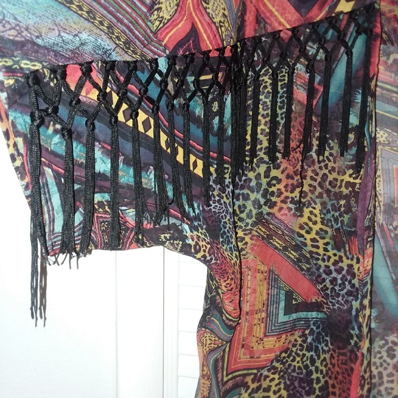Boho fringed multi print open cardigan - Picture 2 of 4